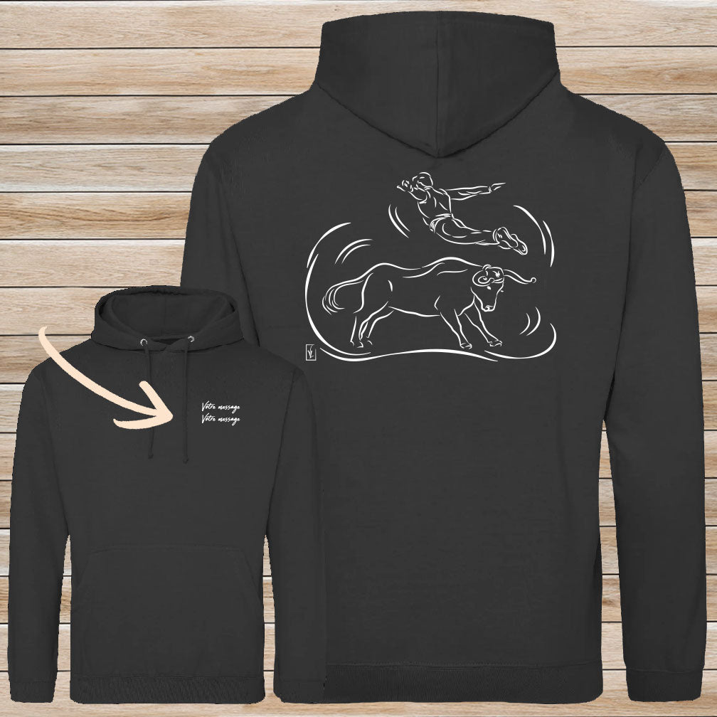 Course Landaise, sauteur et vache sauvage Graphisme sur Sweat-shirt 280g unisexe vert à personnaliser avec du texte. Création Virginie Linard ©.