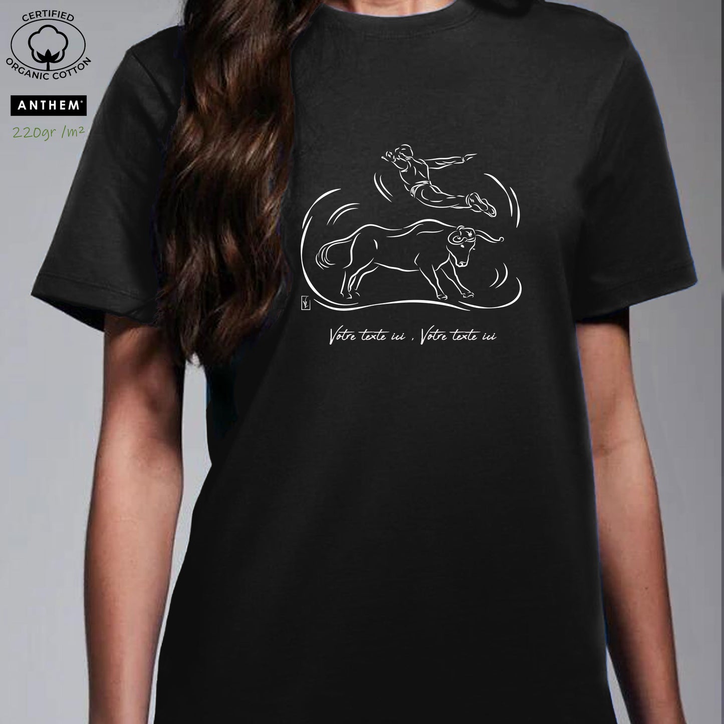 Course Landaise , sauteur et taureau vache sauvage Graphisme sur T-shirt biologique épais 220g unisexe noir à personnaliser avec du texte. Création Virginie Linard ©.