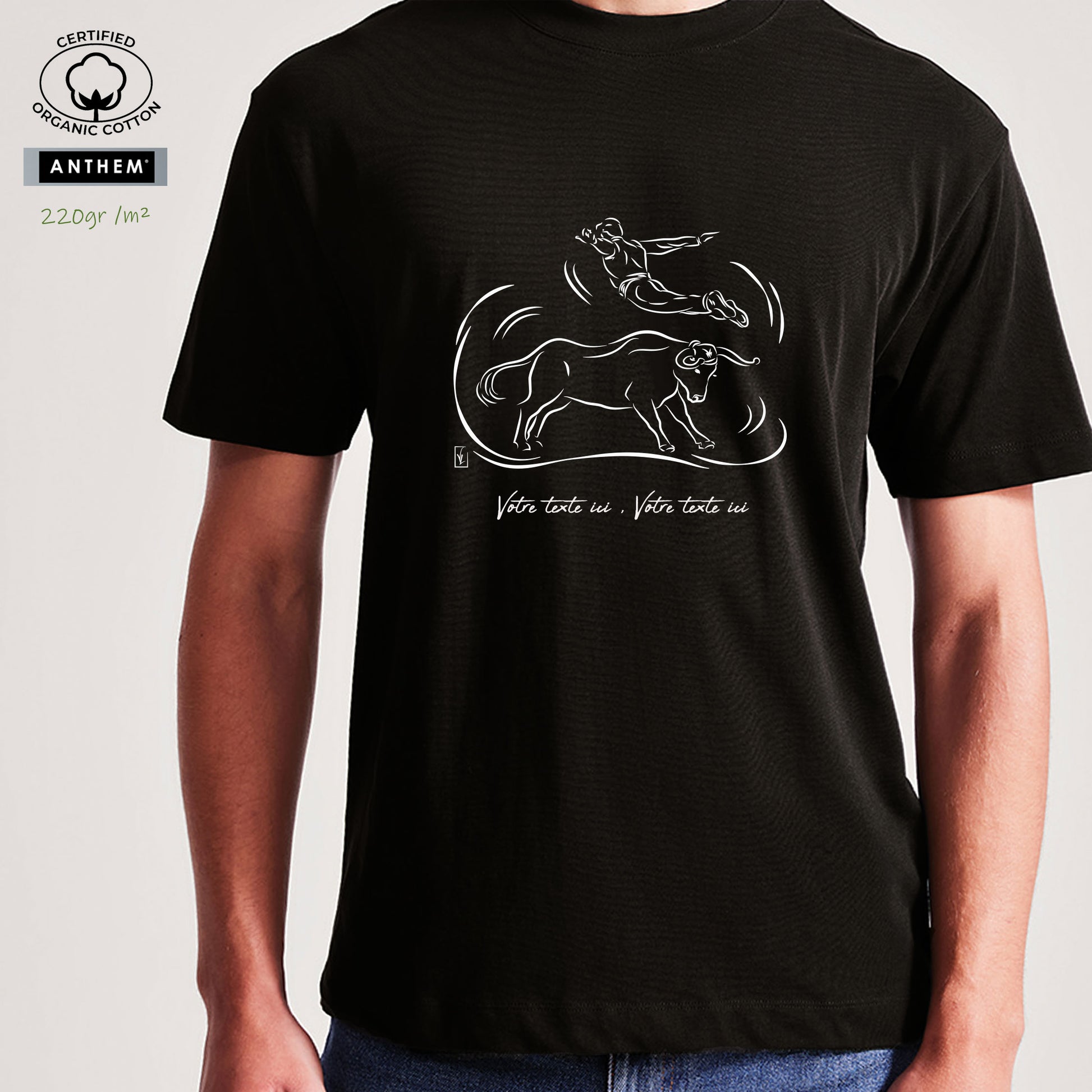 Course Landaise , sauteur et taureau vache sauvage Graphisme sur T-shirt biologique épais 220g unisexe noir à personnaliser avec du texte. Création Virginie Linard ©.
