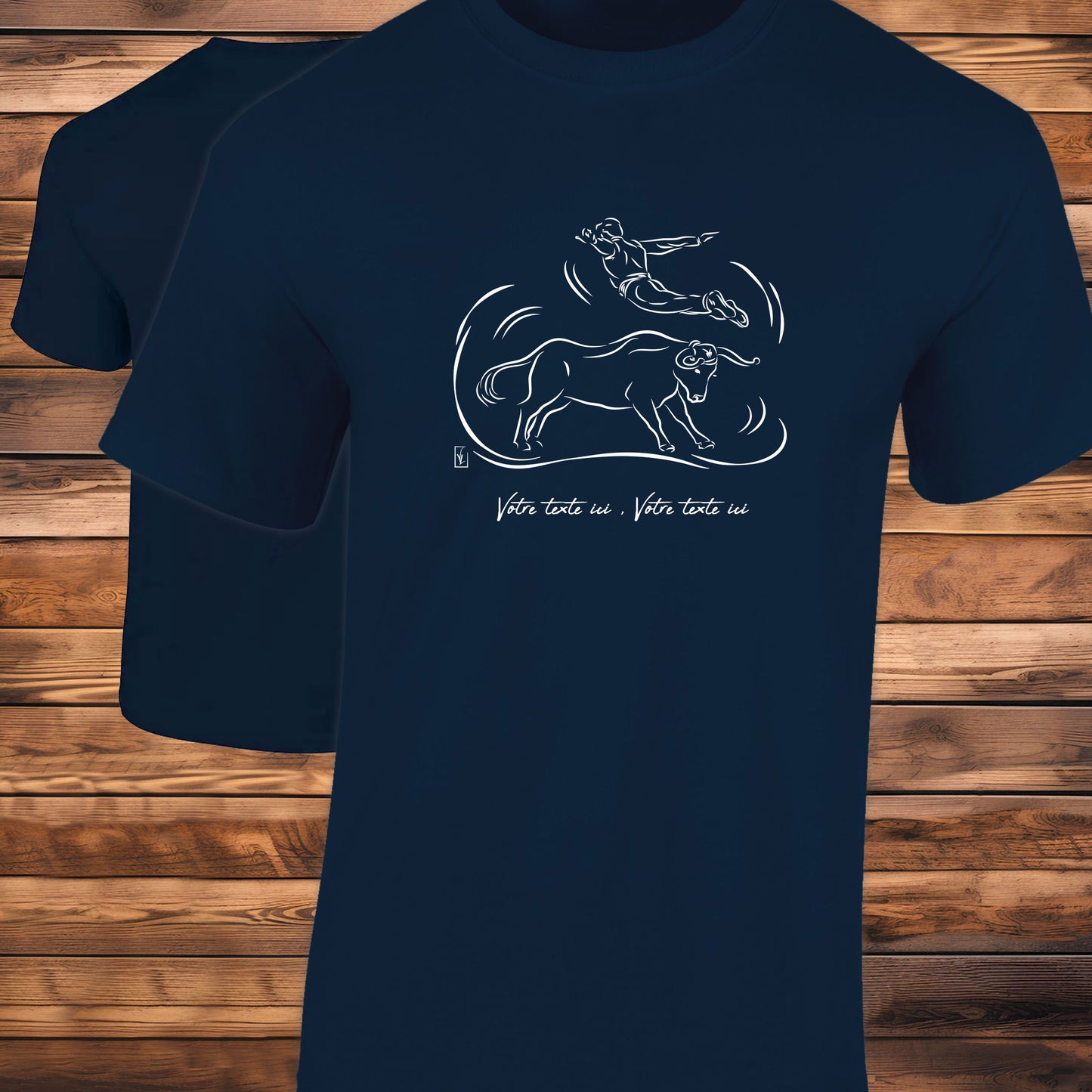 Course landaise, sauteur et vache sauvage Graphisme sur T-shirt bleu homme à personnaliser avec du texte. Création Virginie Linard ©.