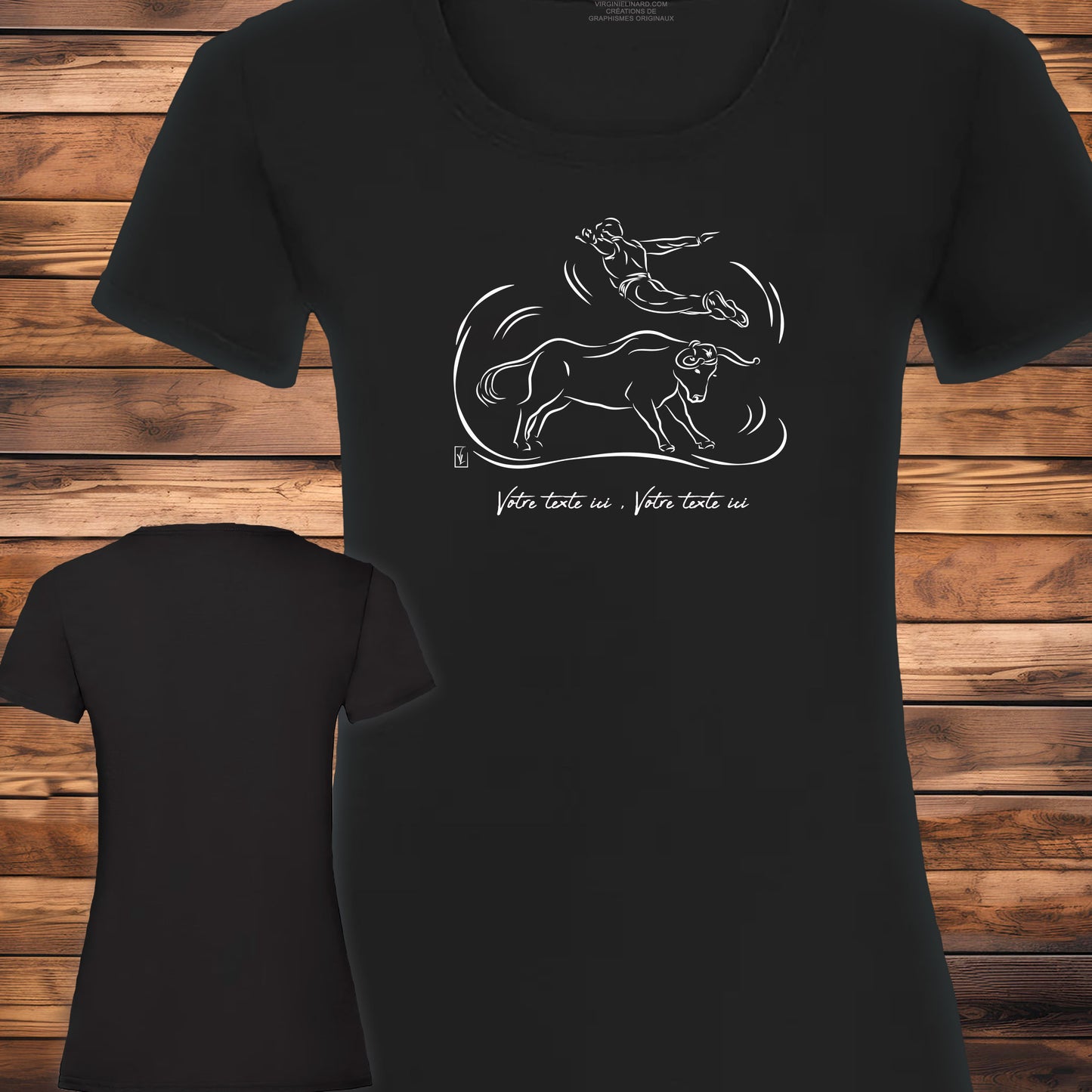 Course landaise, sauteur et vache sauvage Graphisme sur T-shirt noir femme à personnaliser avec du texte. Création Virginie Linard ©.