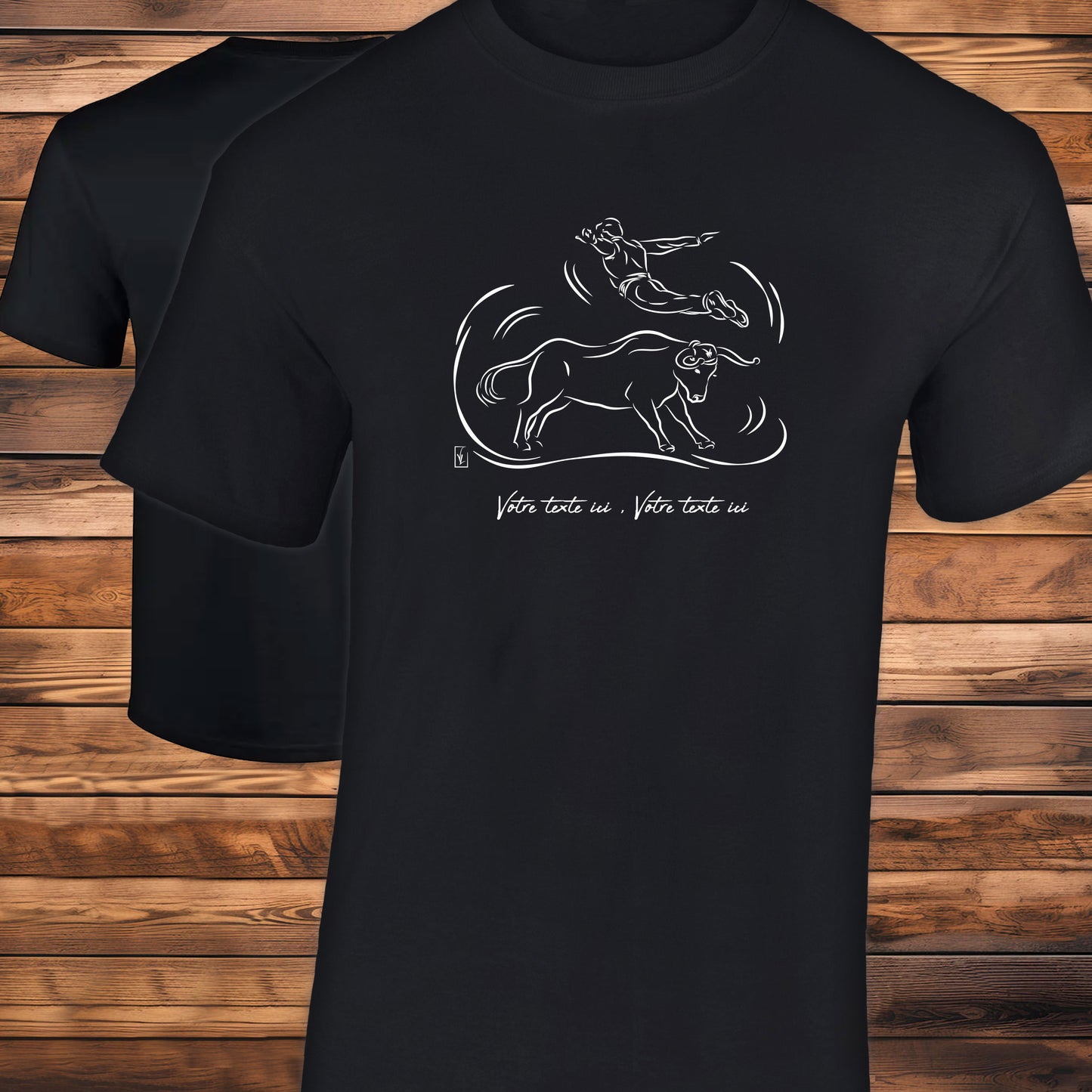 Course landaise, sauteur et vache sauvage Graphisme sur T-shirt noir homme à personnaliser avec du texte. Création Virginie Linard ©.