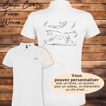 Course landaise, sauteur et vache sauvage Graphisme sur Polo 220g blanc femme à personnaliser avec du texte. Création Virginie Linard ©.