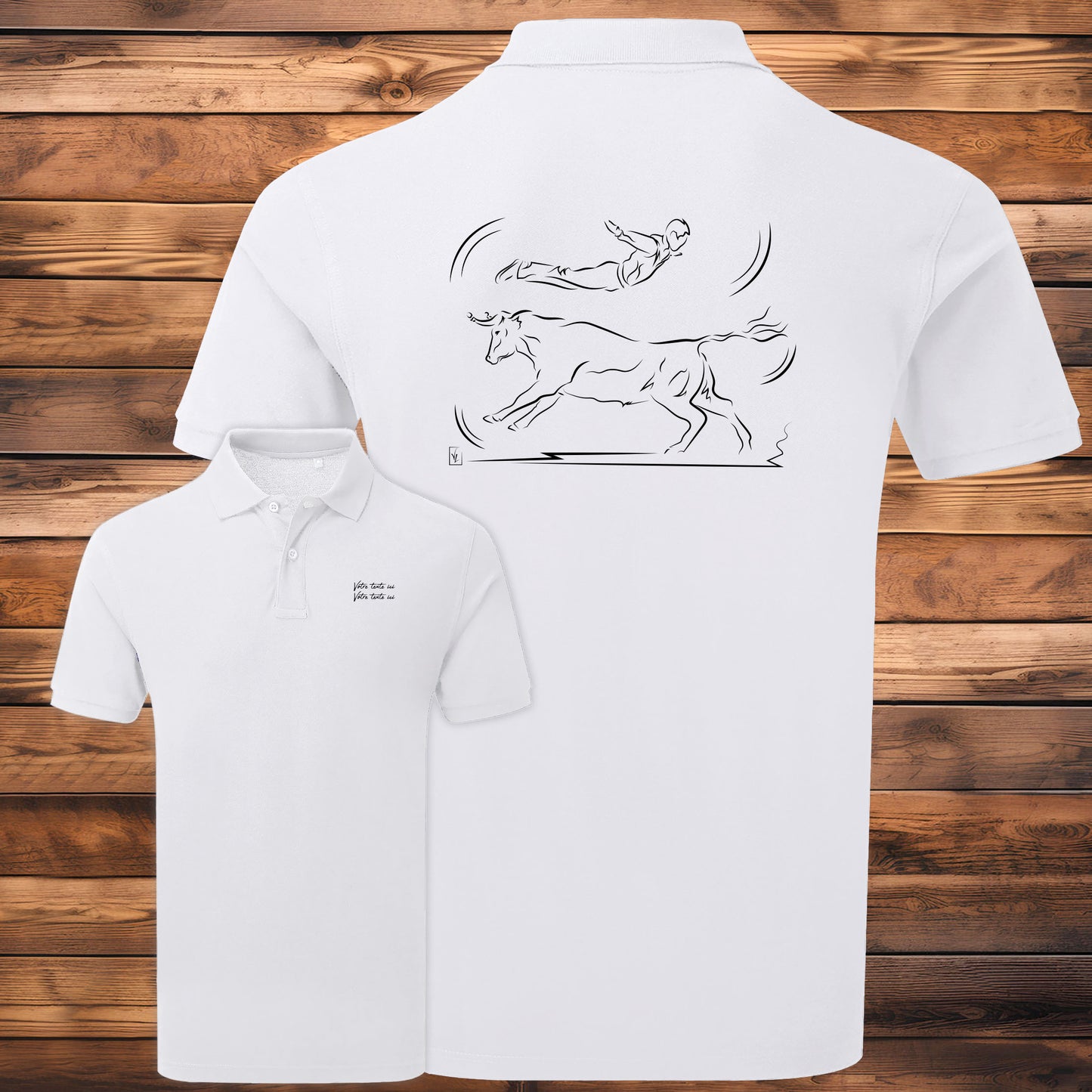 Course landaise, sauteur et vache sauvage Graphisme sur Polo 220g blanc homme à personnaliser avec du texte. Création Virginie Linard ©.
