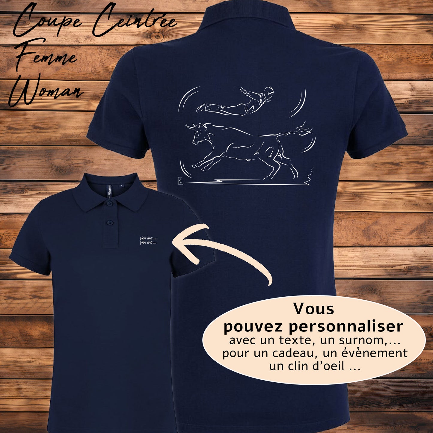 Course landaise, sauteur et vache sauvage Graphisme sur Polo 220g bleu femme à personnaliser avec du texte. Création Virginie Linard ©.