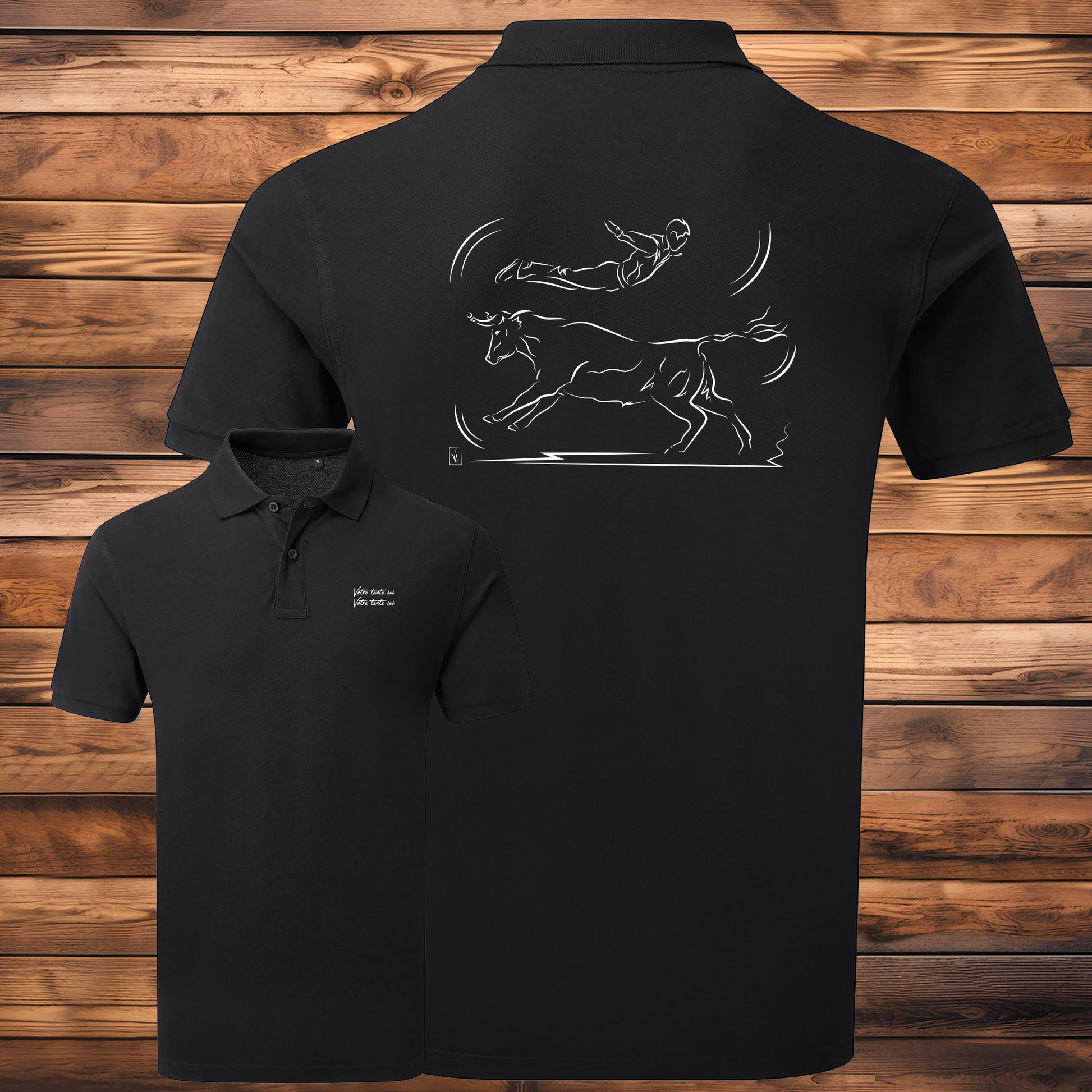 Course landaise, sauteur et vache sauvage Graphisme sur Polo 220g noir homme à personnaliser avec du texte. Création Virginie Linard ©.