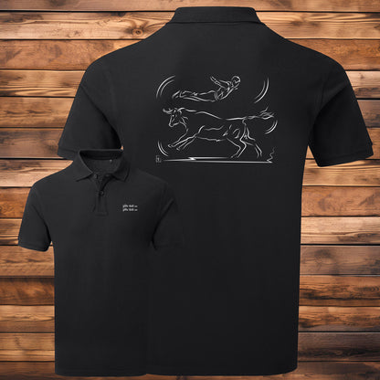 Course landaise, sauteur et vache sauvage Graphisme sur Polo 220g noir homme à personnaliser avec du texte. Création Virginie Linard ©.