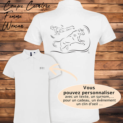 Course landaise, sauteur et vache sauvage Graphisme sur Polo 220g blanc femme à personnaliser avec du texte. Création Virginie Linard ©.