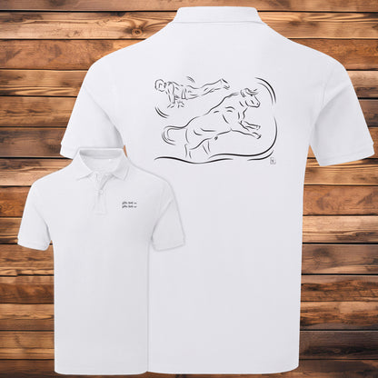 Course landaise, sauteur et vache sauvage Graphisme sur Polo 220g blanc homme à personnaliser avec du texte. Création Virginie Linard ©.