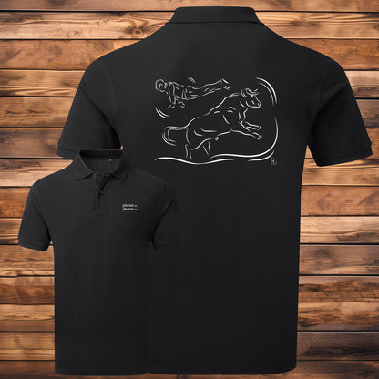 Course landaise, sauteur et vache sauvage Graphisme sur Polo 220g noir homme à personnaliser avec du texte. Création Virginie Linard ©.