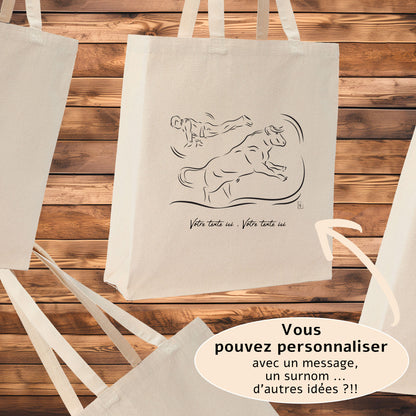 Course Landaise, sauteur et vache sauvage taureau. Graphisme sur sac tote-bag beige à personnaliser avec un texte. Création Virginie Linard ©.