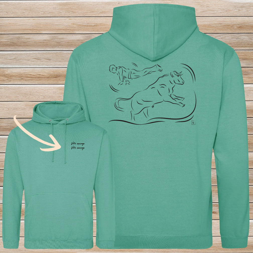 Course Landaise, sauteur et vache sauvage Graphisme sur Sweat-shirt 280g unisexe vert à personnaliser avec du texte. Création Virginie Linard ©.