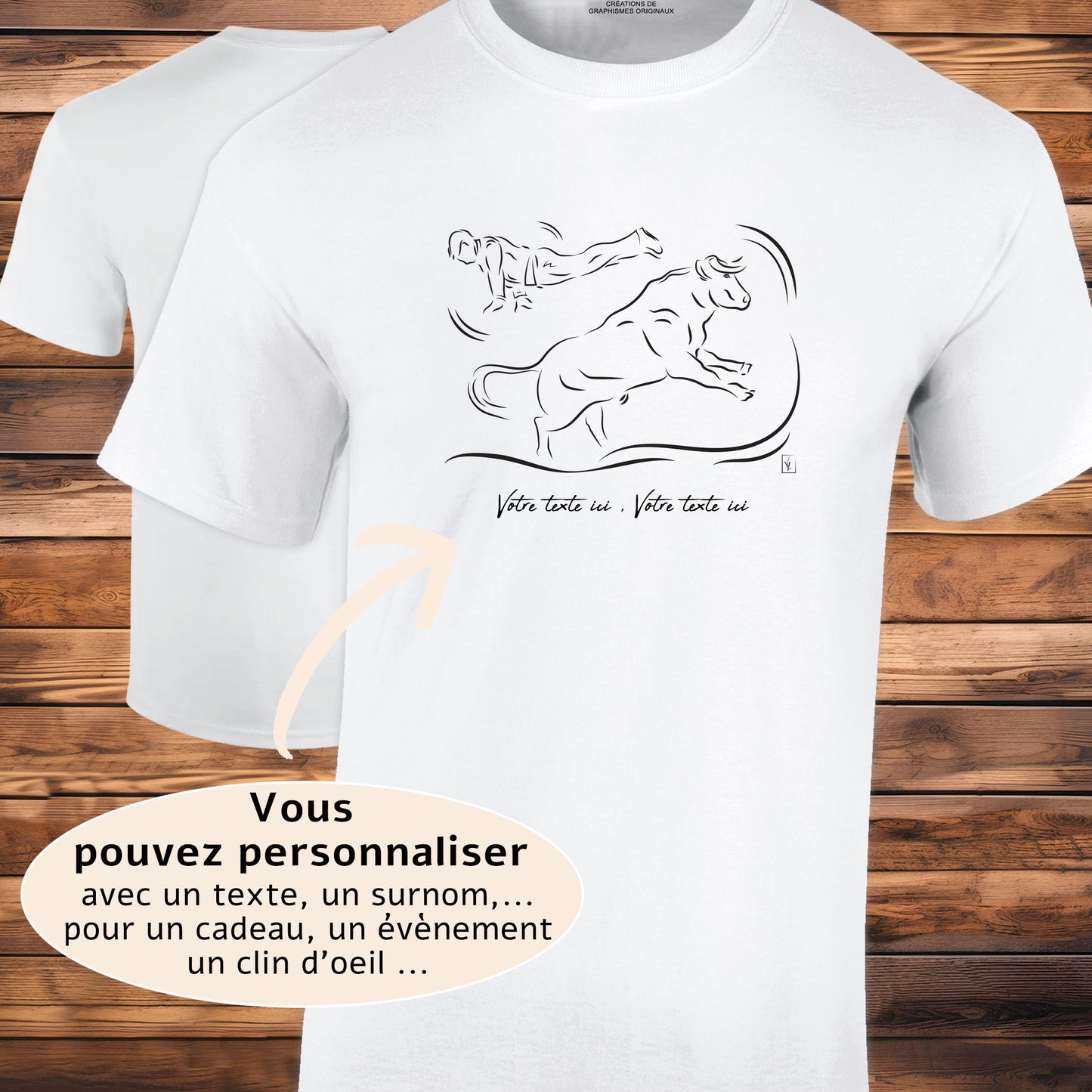 Course landaise, sauteur et vache sauvage Graphisme sur T-shirt blanc homme à personnaliser avec du texte. Création Virginie Linard ©.
