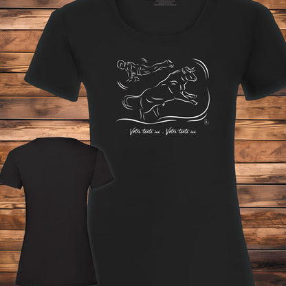 Course landaise, sauteur et vache sauvage Graphisme sur T-shirt noir femme à personnaliser avec du texte. Création Virginie Linard ©.