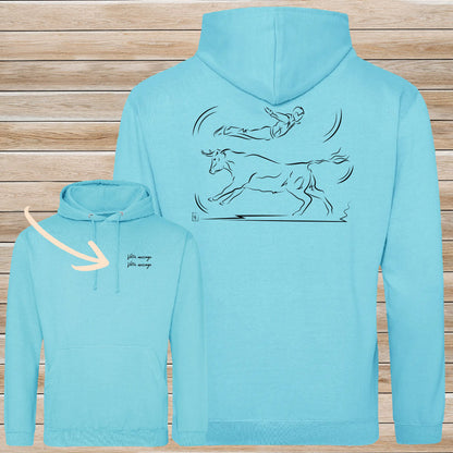 Course Landaise, sauteur et vache sauvage Graphisme sur Sweat-shirt 280g unisexe vert à personnaliser avec du texte. Création Virginie Linard ©.