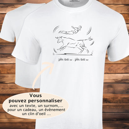 Course Landaise sauteur et vache sauvage, Graphisme sur T-shirt blanc homme en coton. A personnaliser avec un texte. Création Virginie Linard ©.