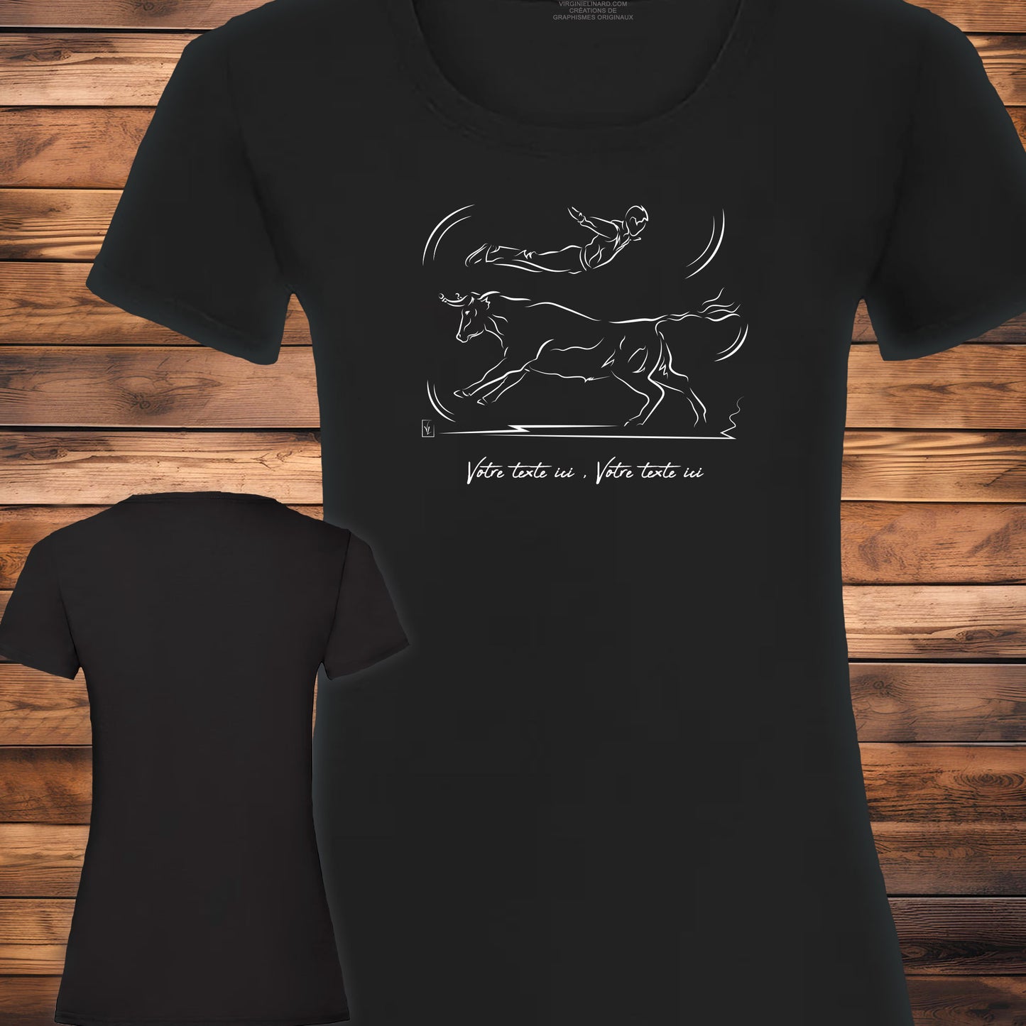 Course Landaise sauteur et vache sauvage, Graphisme sur T-shirt noir femme en coton. A personnaliser avec un texte. Création Virginie Linard ©.