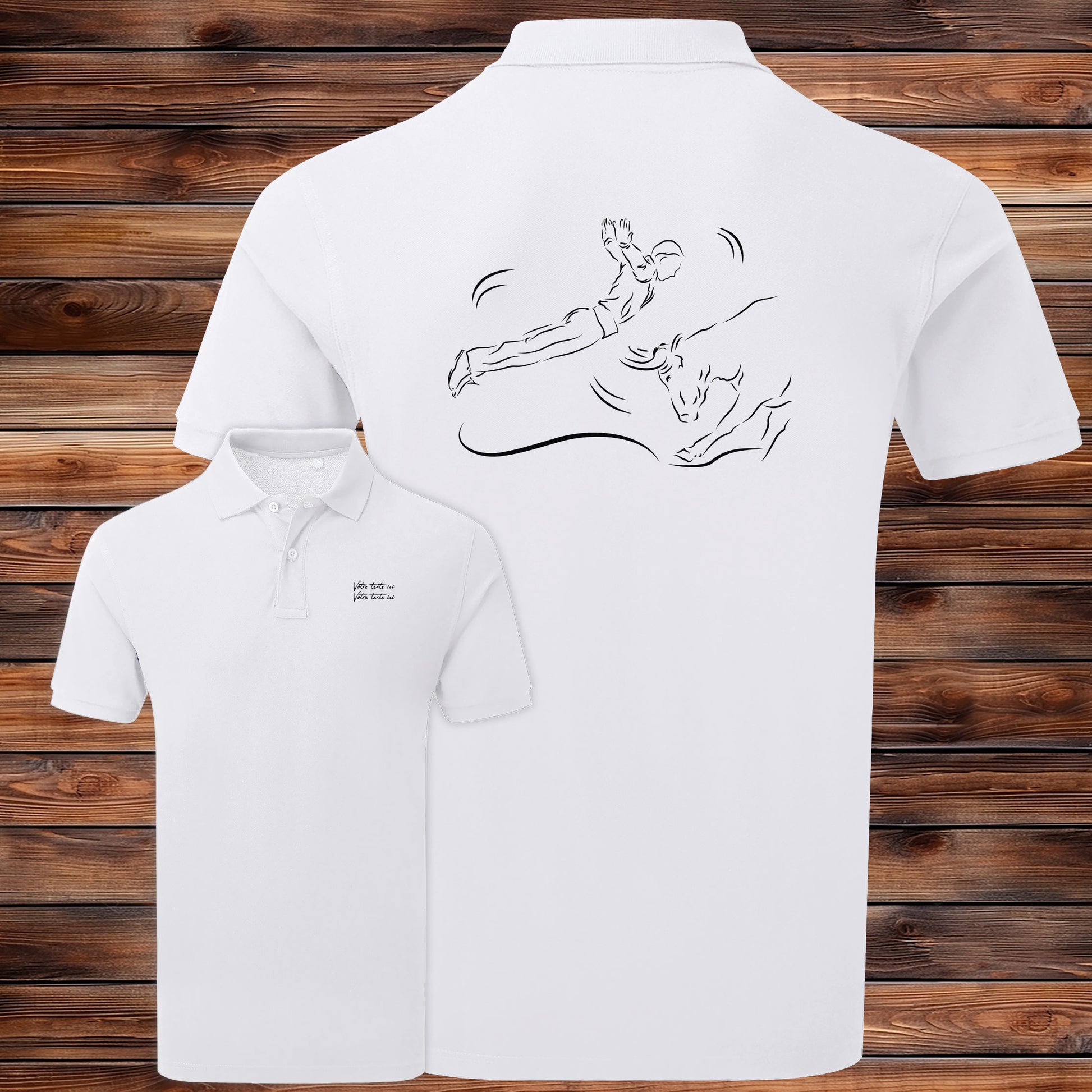Course landaise, sauteur et vache sauvage Graphisme sur Polo 220g blanc homme à personnaliser avec du texte. Création Virginie Linard ©.