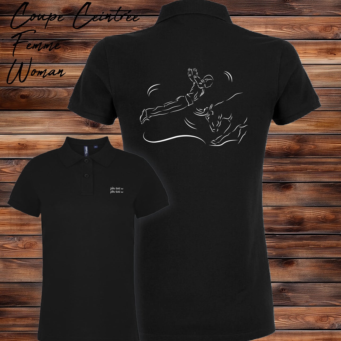 Course landaise, sauteur et vache sauvage Graphisme sur Polo 220g noir femme à personnaliser avec du texte. Création Virginie Linard ©.