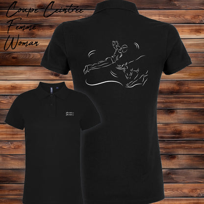 Course landaise, sauteur et vache sauvage Graphisme sur Polo 220g noir femme à personnaliser avec du texte. Création Virginie Linard ©.