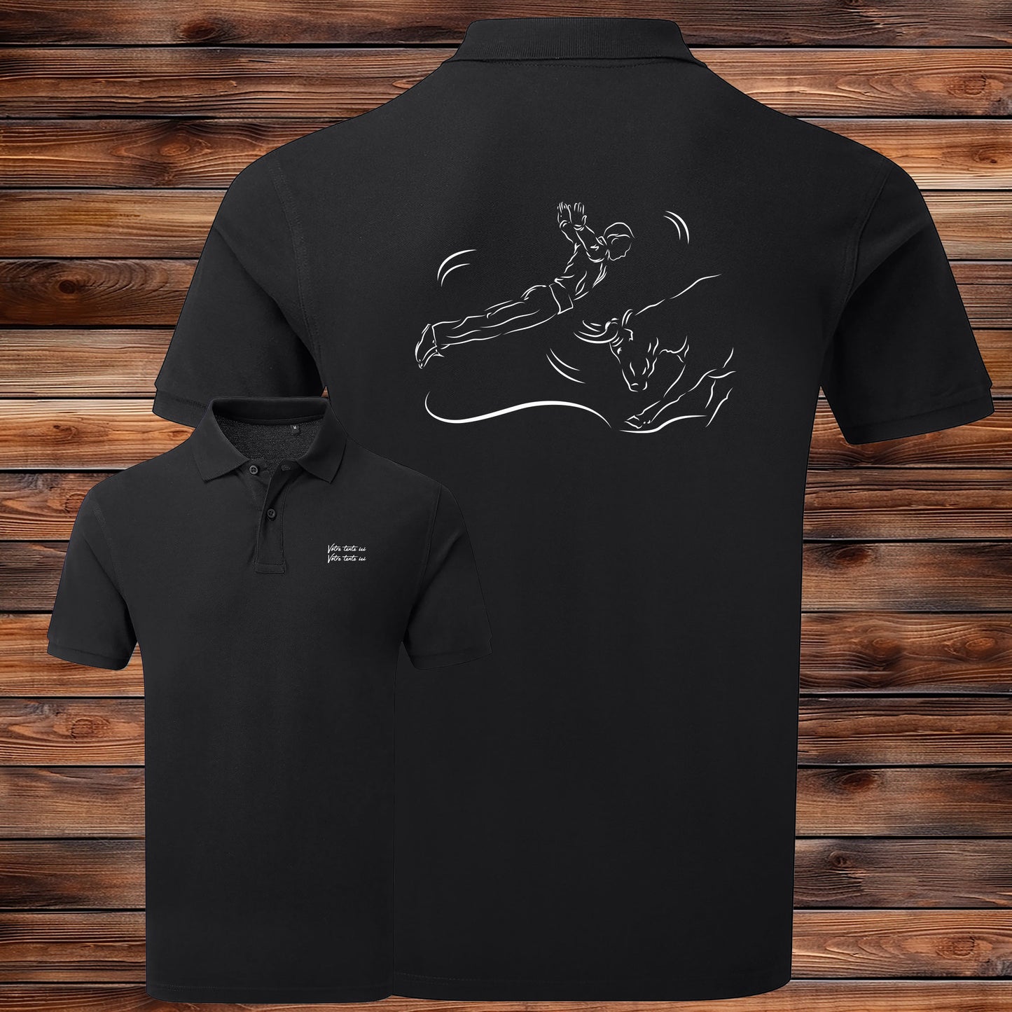 Course landaise, sauteur et vache sauvage Graphisme sur Polo 220g noir homme à personnaliser avec du texte. Création Virginie Linard ©.