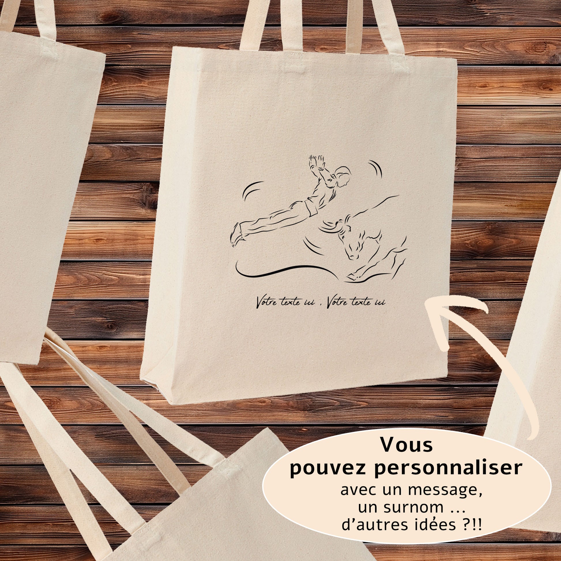 Course Landaise, sauteur et vache sauvage taureau. Graphisme sur sac tote-bag beige à personnaliser avec un texte. Création Virginie Linard ©.
