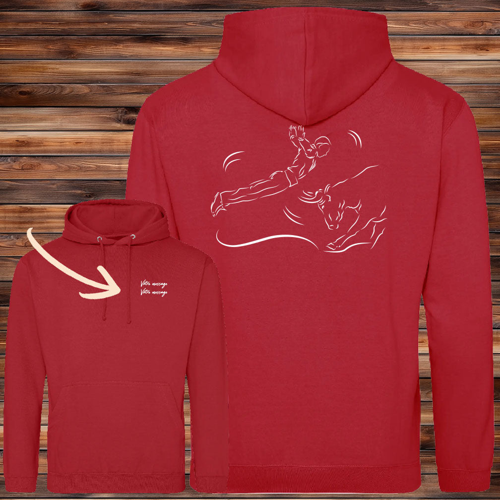 Course Landaise, sauteur et vache sauvage Graphisme sur Sweat-shirt 280g unisexe rouge à personnaliser avec du texte. Création Virginie Linard ©.