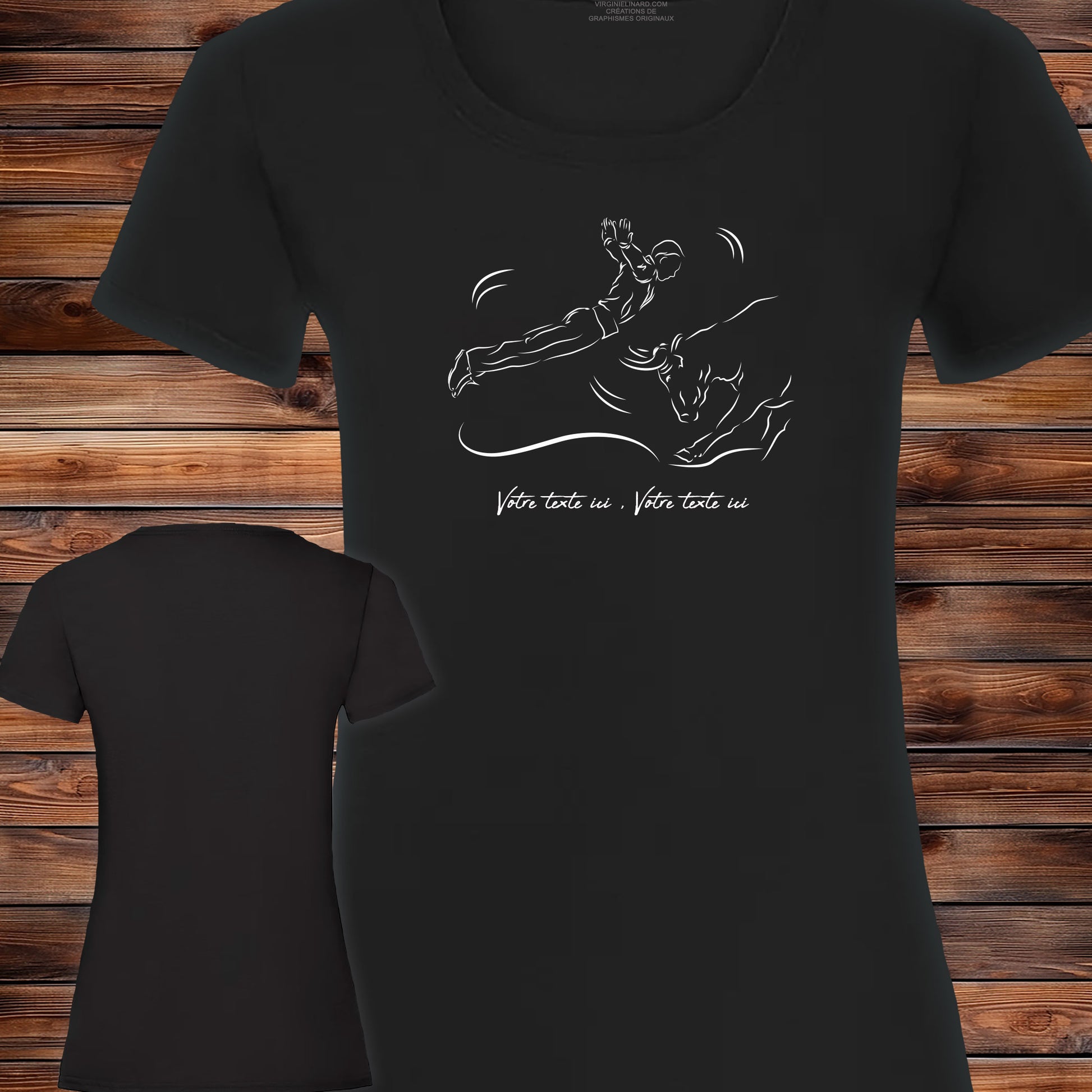 Course landaise, sauteur face à vache taureau Graphisme sur T-shirt noir femme à personnaliser avec du texte. Création Virginie Linard ©.
