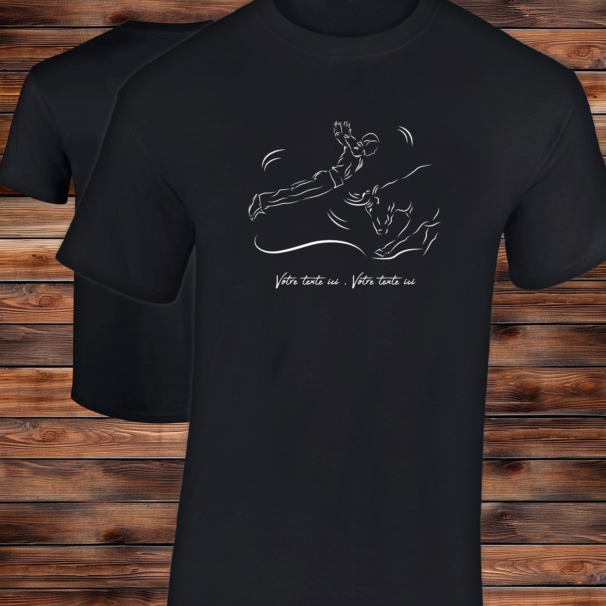 Course landaise, sauteur face à vache taureau Graphisme sur T-shirt noir homme à personnaliser avec du texte. Création Virginie Linard ©.
