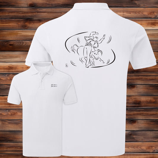 Course landaise, écarteur et vache sauvage Graphisme sur Polo 220g blanc homme à personnaliser avec du texte. Création Virginie Linard ©.