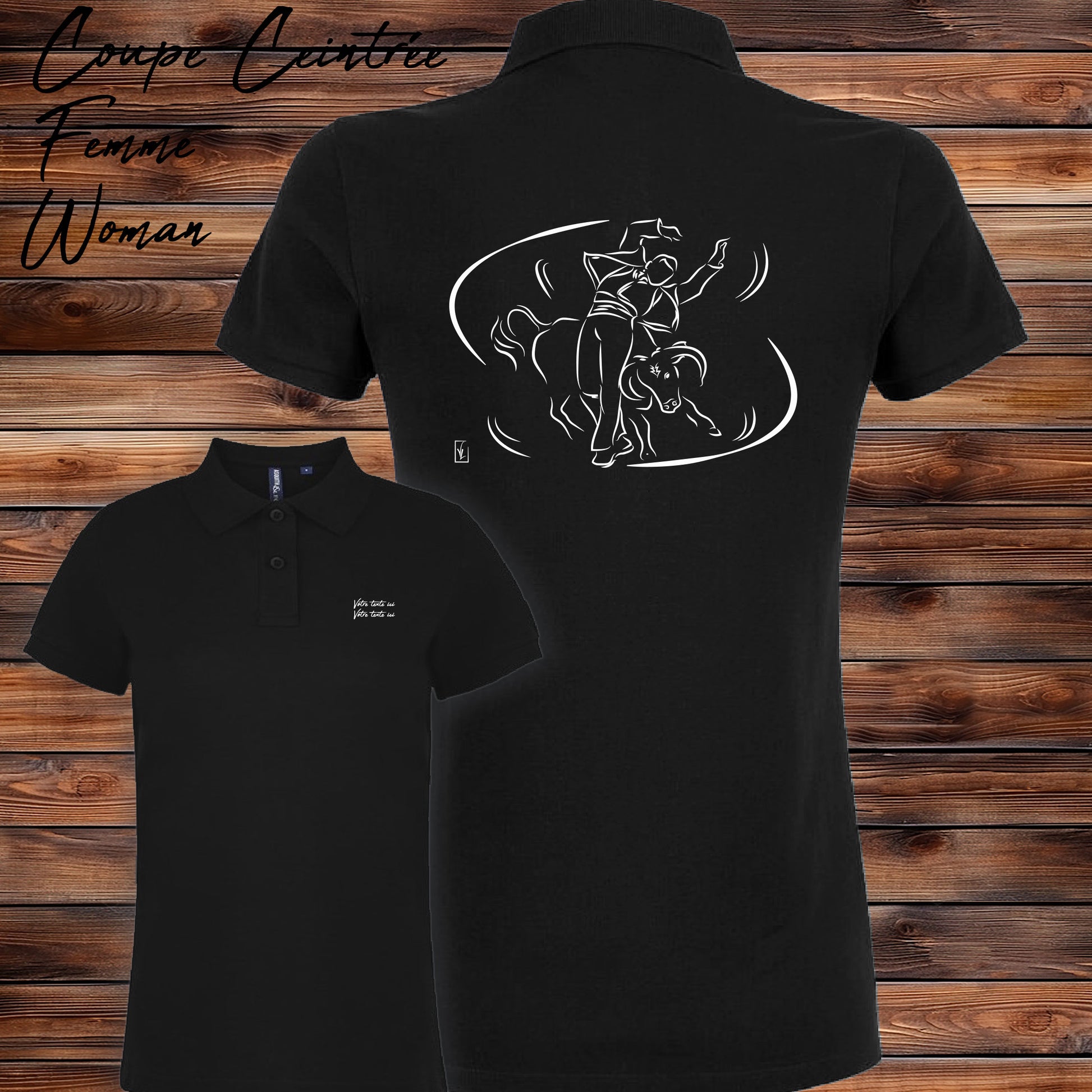 Course landaise, écarteur et vache sauvage Graphisme sur Polo 220g noir femme à personnaliser avec du texte. Création Virginie Linard ©.