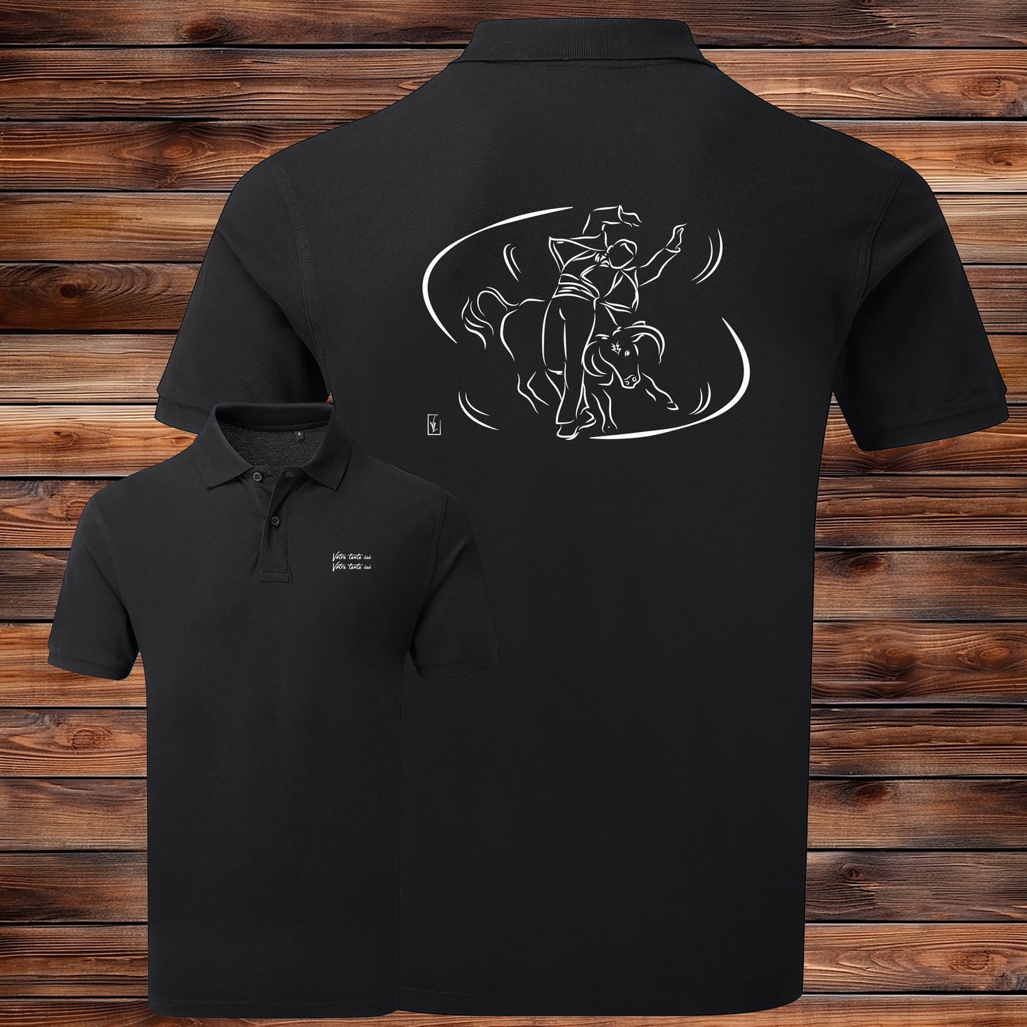 Course landaise, écarteur et vache sauvage Graphisme sur Polo 220g noir homme à personnaliser avec du texte. Création Virginie Linard ©.