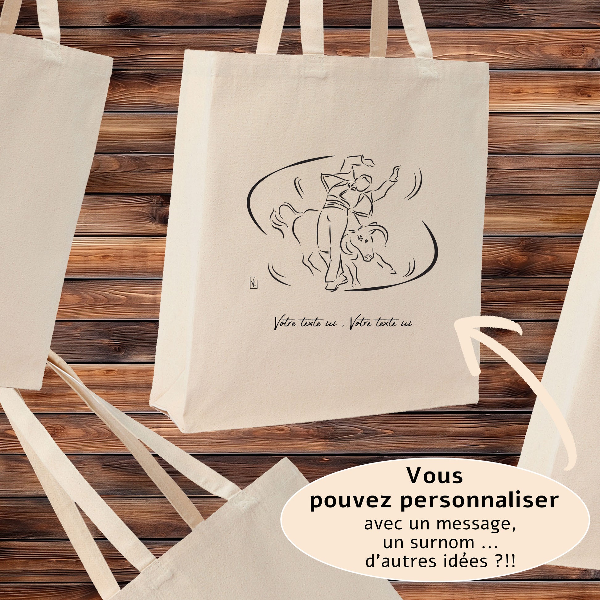 Course Landaise, écarteur et vache sauvage taureau. Graphisme sur sac tote-bag beige à personnaliser avec un texte. Création Virginie Linard ©.