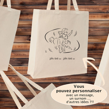 Course Landaise, écarteur et vache sauvage taureau. Graphisme sur sac tote-bag beige à personnaliser avec un texte. Création Virginie Linard ©.