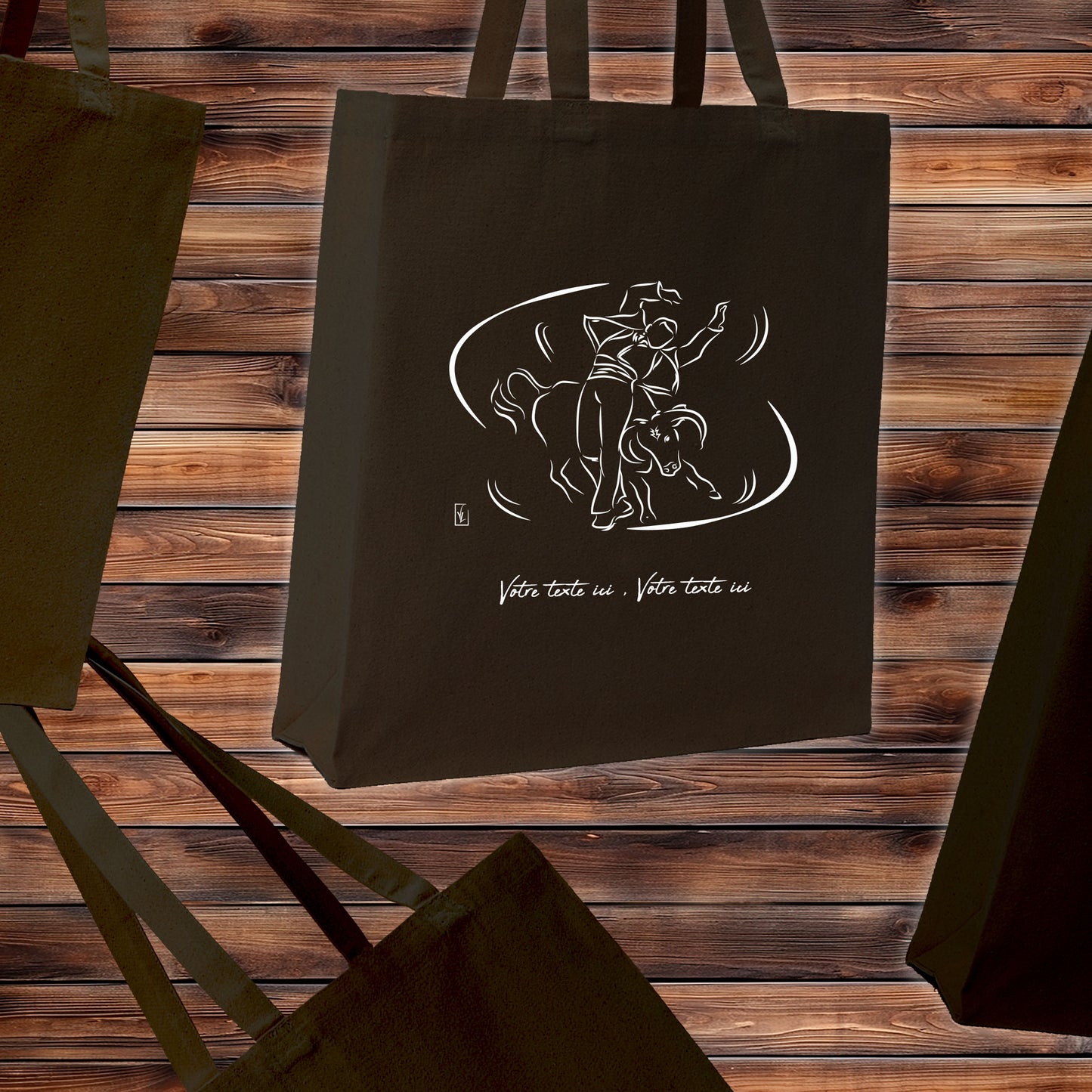 Course Landaise, écarteur et vache sauvage taureau. Graphisme sur sac tote-bag noir à personnaliser avec un texte. Création Virginie Linard ©.