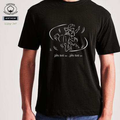 Course Landaise , sauteur et taureau vache sauvage Graphisme sur T-shirt biologique épais 220g unisexe noir à personnaliser avec du texte. Création Virginie Linard ©.