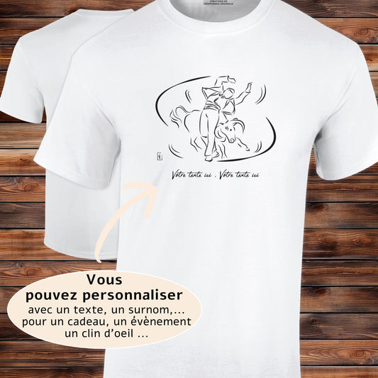 Course landaise, écarteur et vache taureau Graphisme sur T-shirt blanc homme à personnaliser avec du texte. Création Virginie Linard ©.