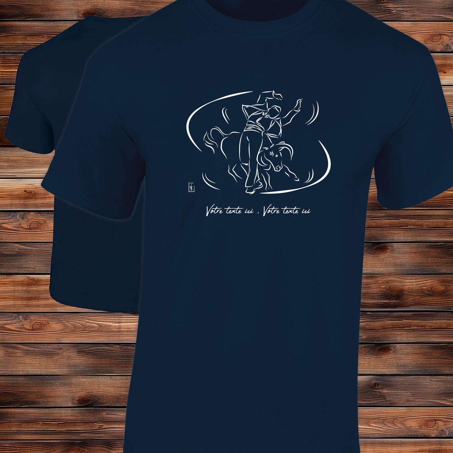 Course landaise, écarteur et vache taureau Graphisme sur T-shirt bleu homme à personnaliser avec du texte. Création Virginie Linard ©.