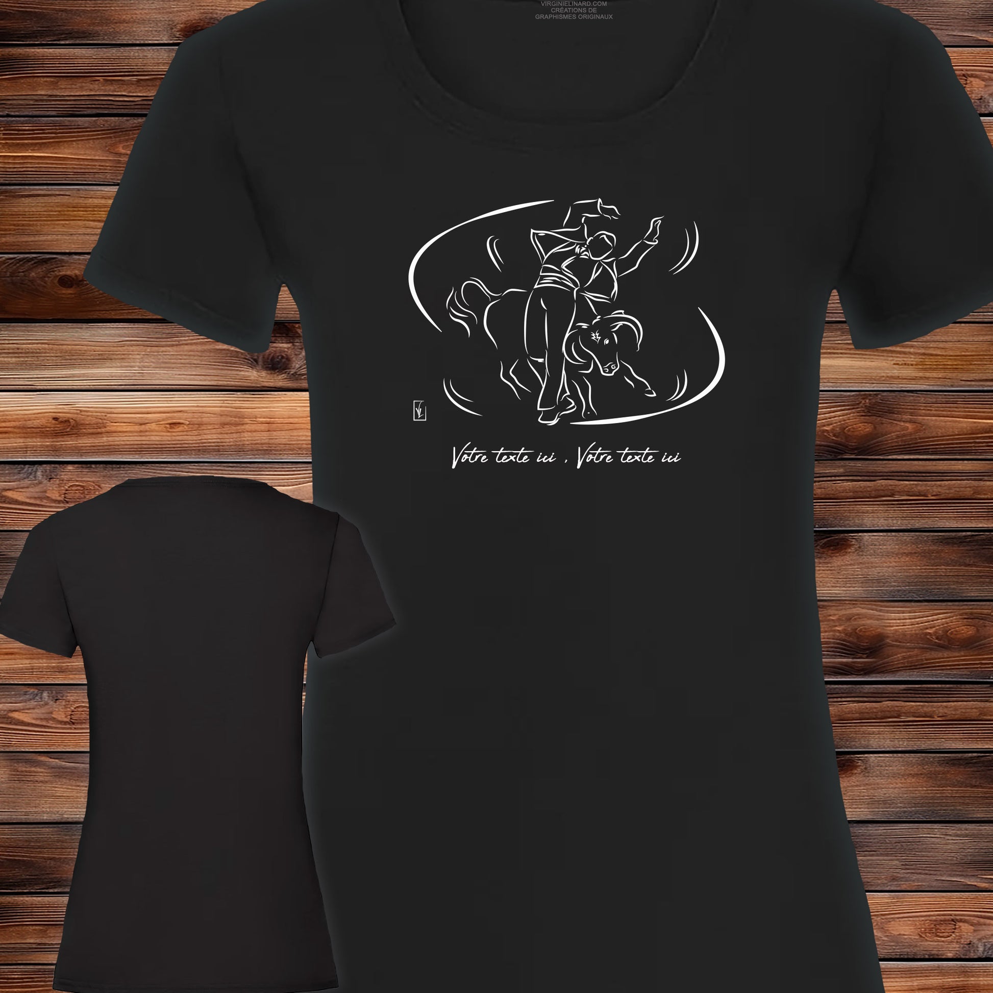 Course landaise, écarteur et vache taureau Graphisme sur T-shirt noir femme à personnaliser avec du texte. Création Virginie Linard ©.