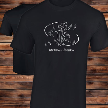 Course landaise, écarteur et vache taureau Graphisme sur T-shirt noir homme à personnaliser avec du texte. Création Virginie Linard ©.