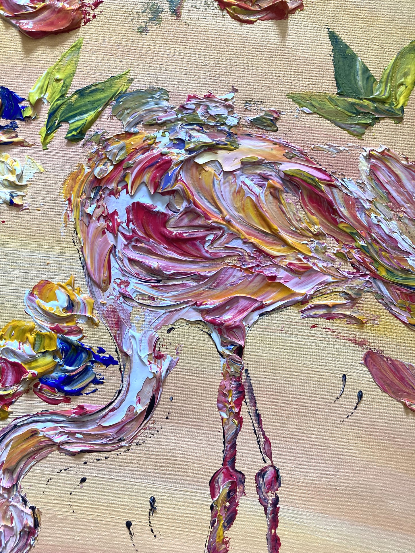 Tableau Croix de Camargue en fleurs et Flamants roses, peinture sur toile format 50x65 cm. Original unique. Création peintre Virginie Linard ©.