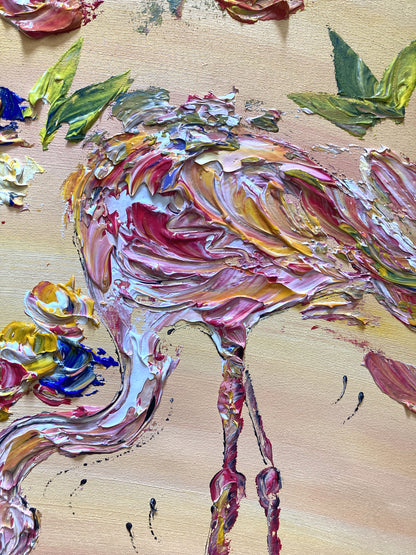 Tableau Croix de Camargue en fleurs et Flamants roses, peinture sur toile format 50x65 cm. Original unique. Création peintre Virginie Linard ©.