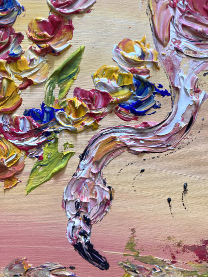 Tableau Croix de Camargue en fleurs et Flamants roses, peinture sur toile format 50x65 cm. Original unique. Création peintre Virginie Linard ©.