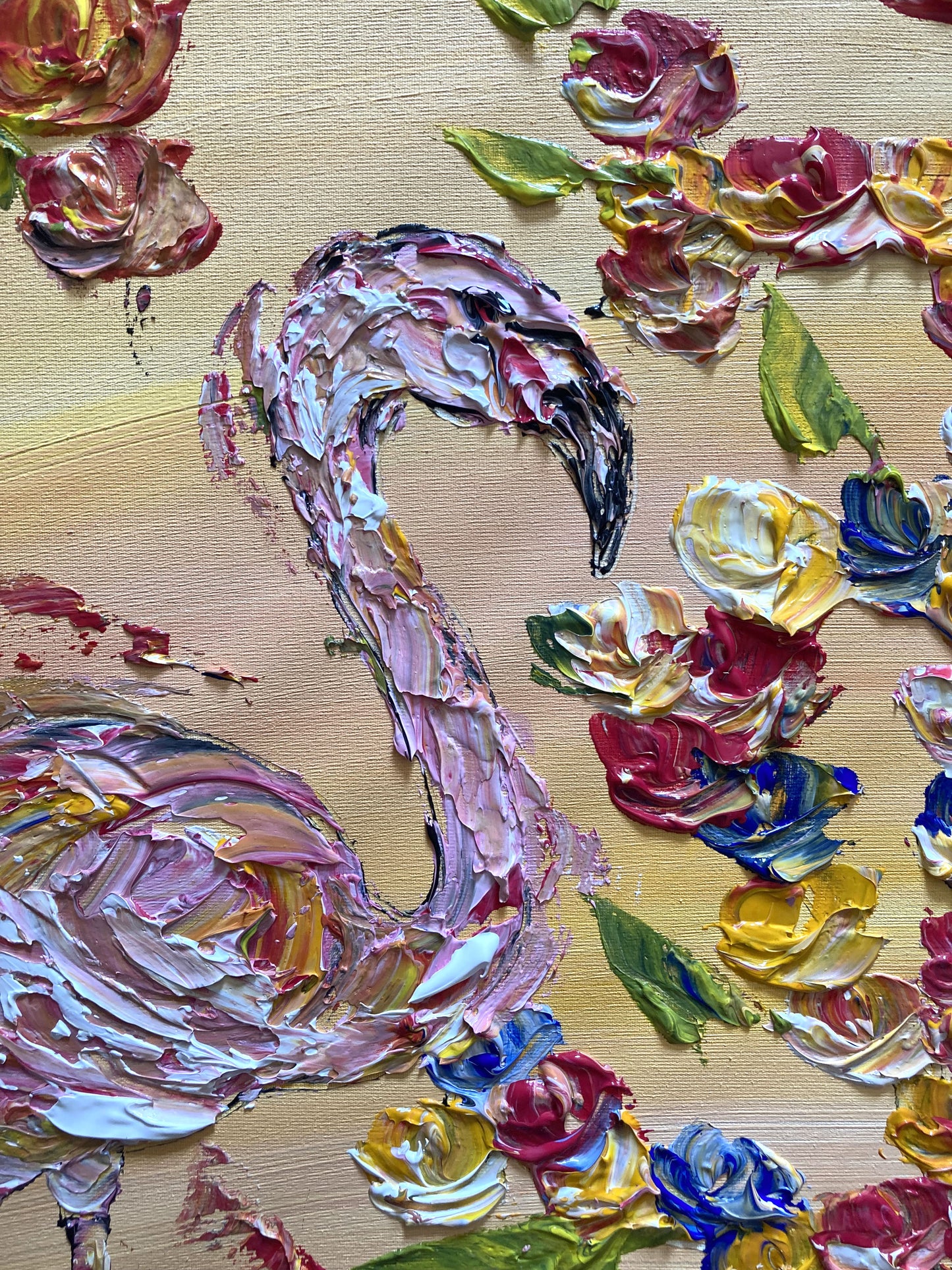 Tableau Croix de Camargue en fleurs et Flamants roses, peinture sur toile format 50x65 cm. Original unique. Création peintre Virginie Linard ©.