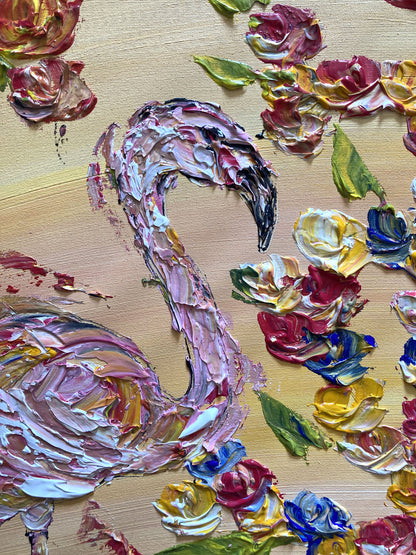 Tableau Croix de Camargue en fleurs et Flamants roses, peinture sur toile format 50x65 cm. Original unique. Création peintre Virginie Linard ©.