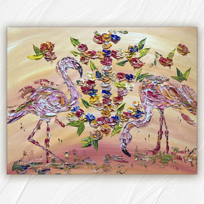 Tableau Croix de Camargue en fleurs et Flamants roses, peinture sur toile format 50x65 cm. Original unique. Création peintre Virginie Linard ©.