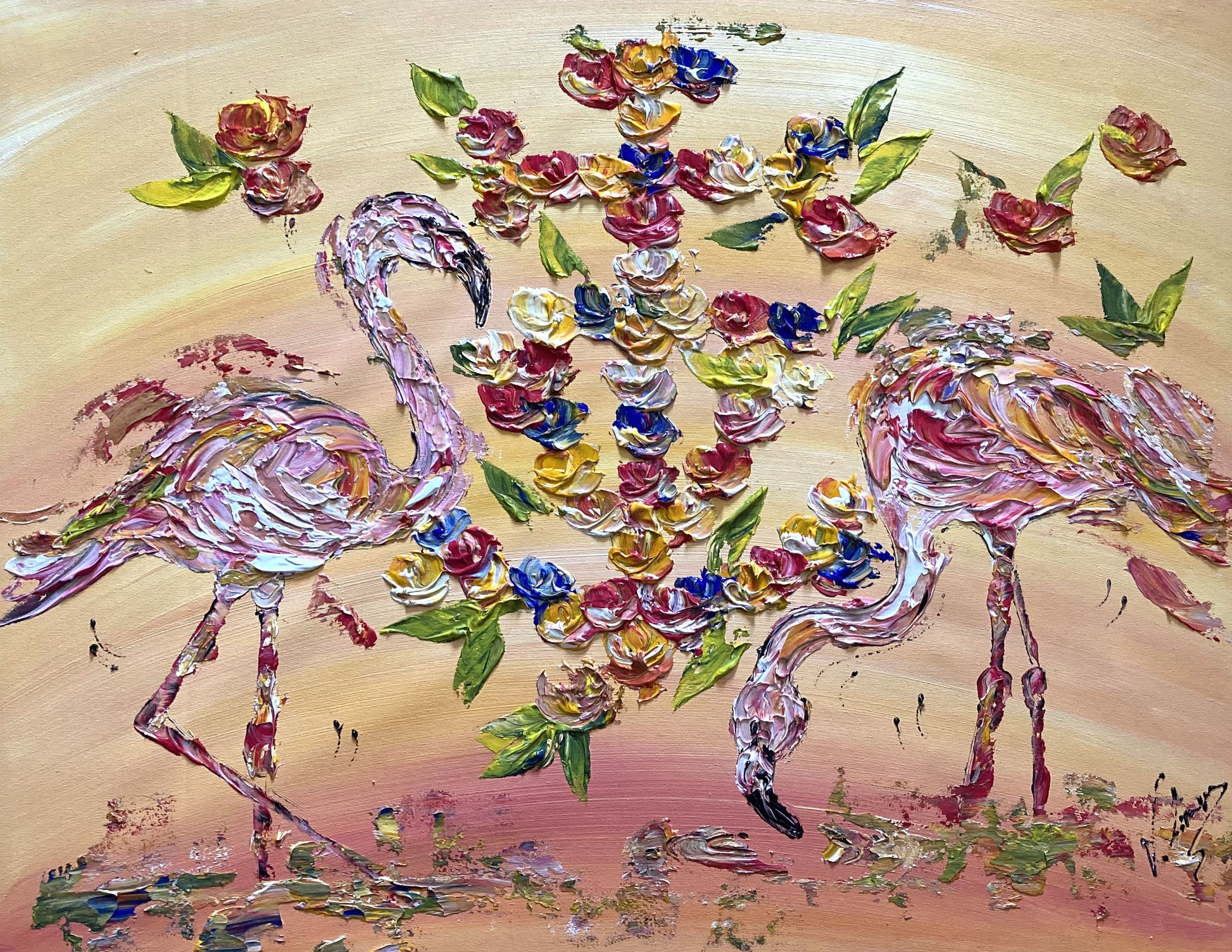Tableau Croix de Camargue en fleurs et Flamants roses, peinture sur toile format 50x65 cm. Original unique. Création peintre Virginie Linard ©.