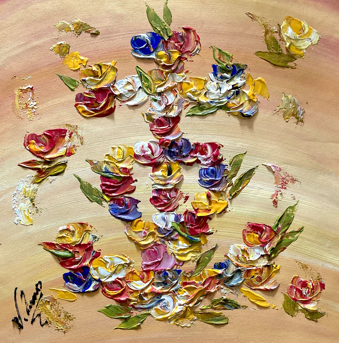 Tableau Croix de Camargue en fleurs, peinture sur toile format 40x40 cm. Original unique. Création peintre Virginie Linard ©.