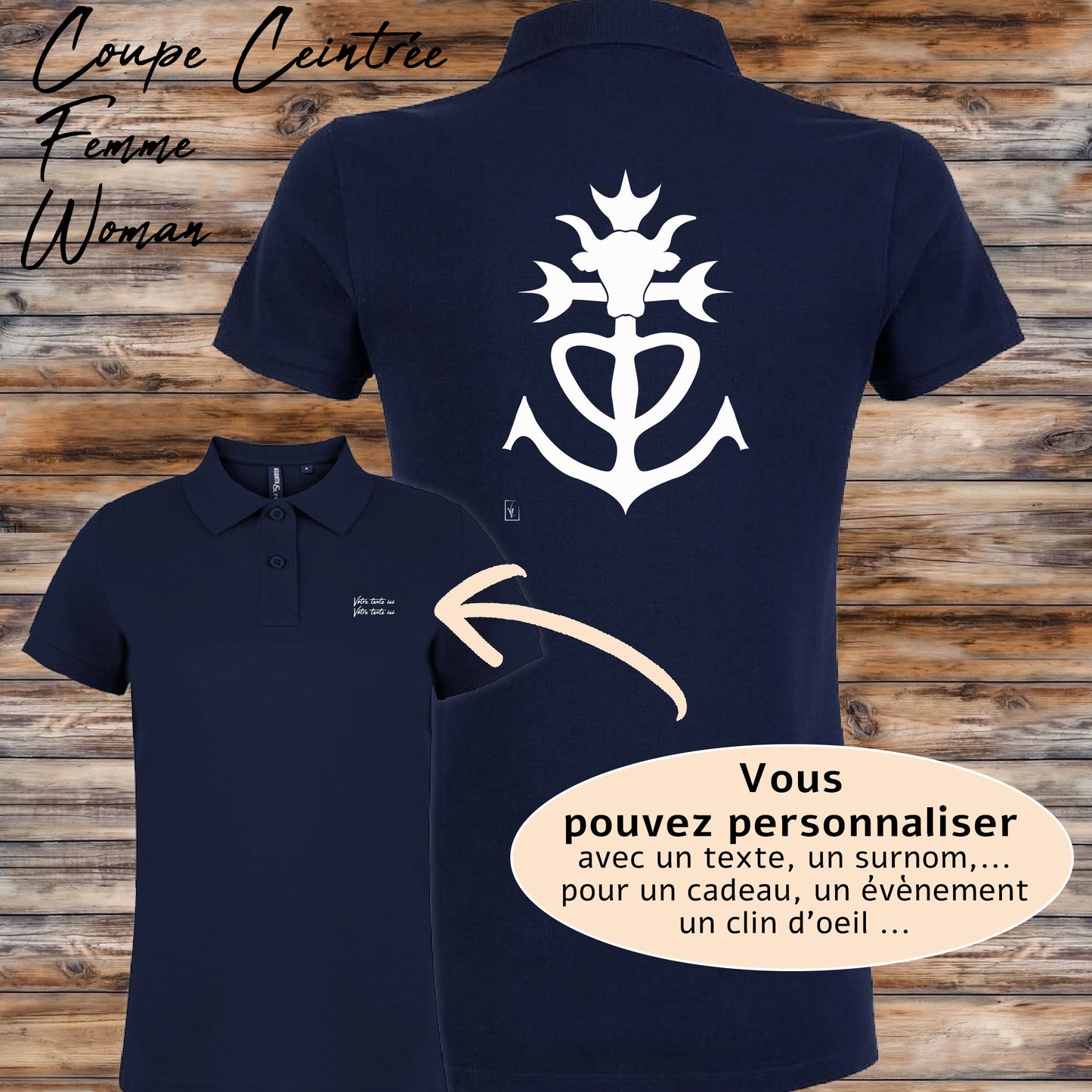 Croix de Camargue, taureau, graphisme sur polo bleu femme à personnaliser avec du texte. Création Virginie Linard ©.