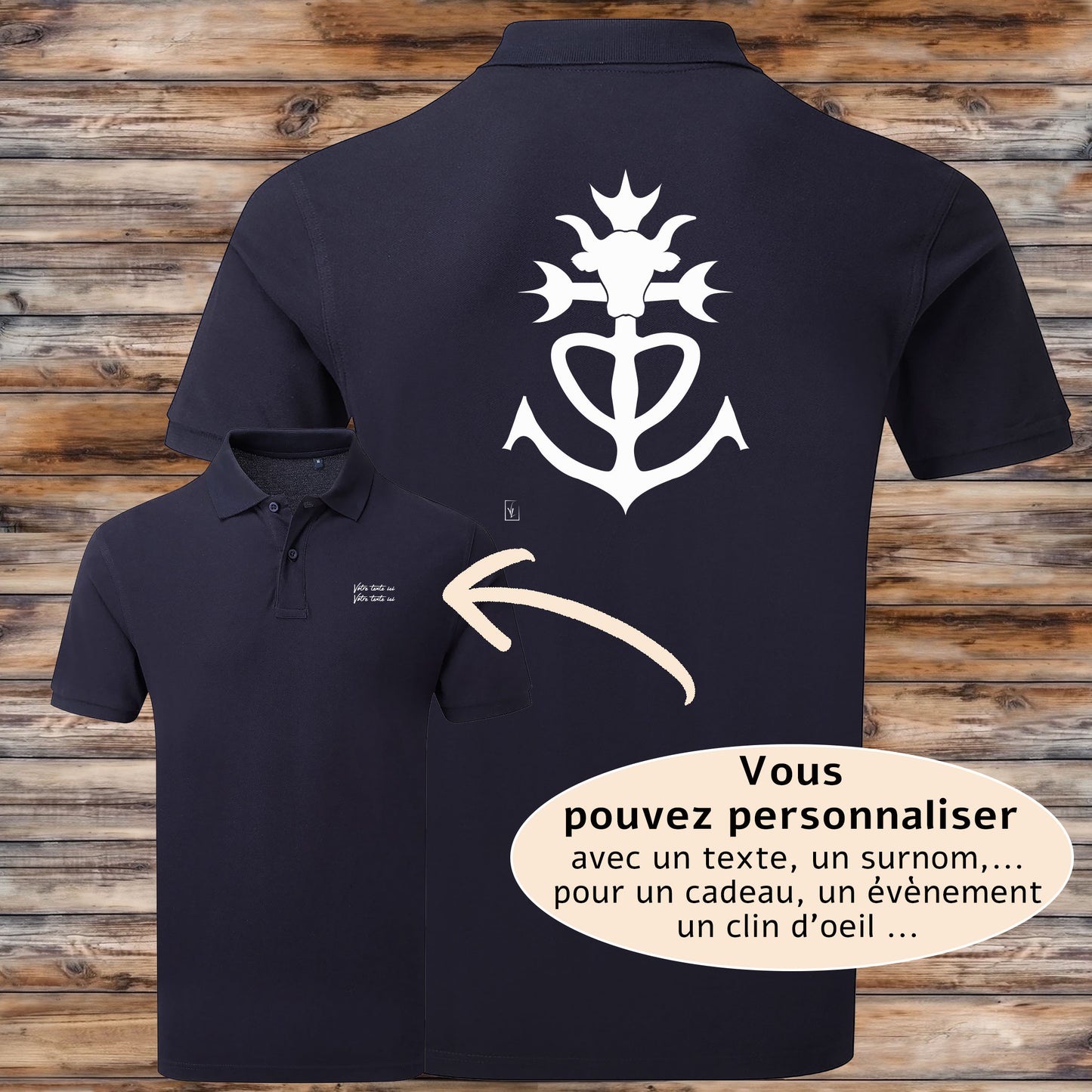 Croix de Camargue, taureau, graphisme sur polo bleu homme à personnaliser avec du texte. Création Virginie Linard ©.